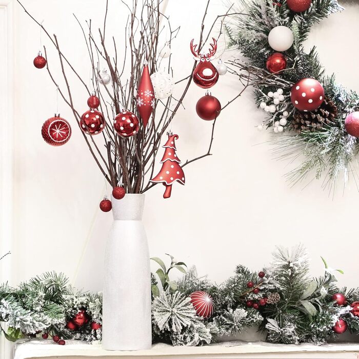 Набір ялинкових прикрас Victor's Workshop 92 шт. – пластикові кулі, червоно-білі, з оленями для декору ялинки та святкування