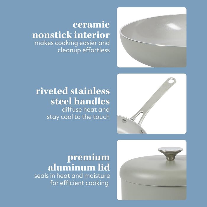 Набір кухонного посуду Sur La Table Kitchen Essentials 13-Piece, преміум-кераміка, антипригарне покриття, для індукційних плит, знімний ручка, смарагдово-зелений
