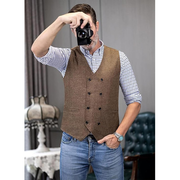 Костюм-двоєник для чоловіків, твідовий жакет та жилет, для весілля та друзів нареченого (L, шампань)
