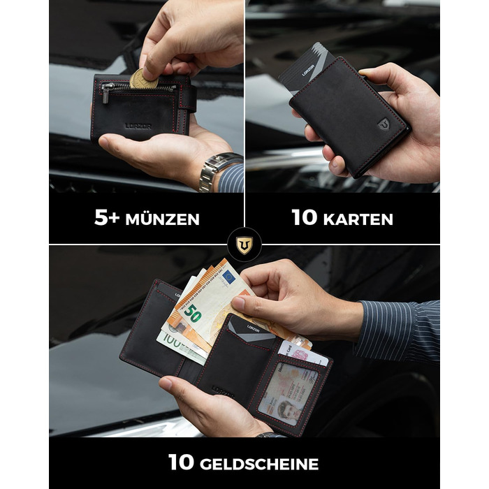 Чоловіче картхолдер LORZOR® з магнітною застібкою, slim-гаманець з відділенням для монет, RFID захист, для 10 карт, чорний/червоний