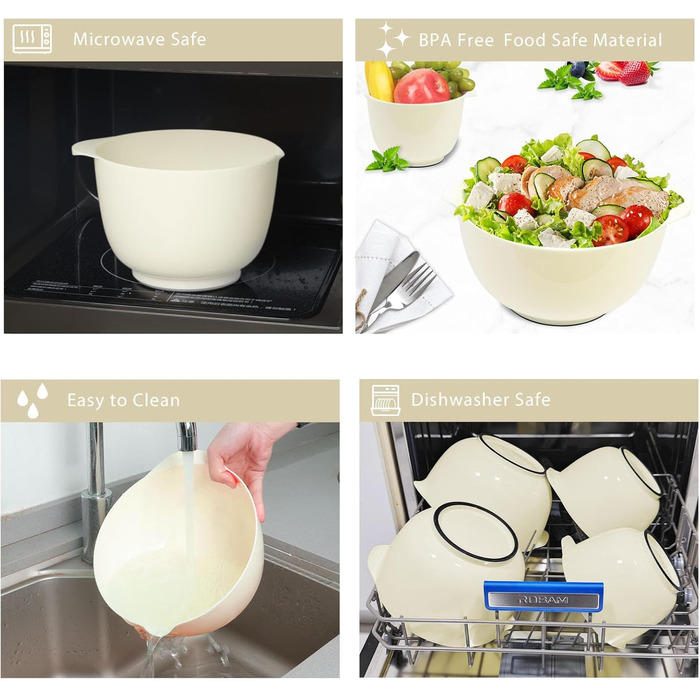 Набір мисок для змішування BoxedHome (4 шт.) з пластику, бежевий. Миски для салатів, ручне миття, неслизькі, стійкі, для сервірування та приготування їжі.