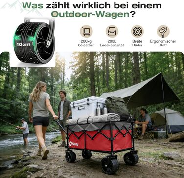 Універсальний візок Sekey XXL Plus 200L/200кг: Складаний, гальмівний, позашляховий, червоно-сірий, колеса 10 см