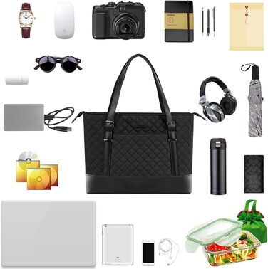 Сумка для ноутбука KROSER жіноча чорна елегантна 15.6 дюймів, велика легка сумка-тоут для бізнесу, школи, подорожей - стебнована