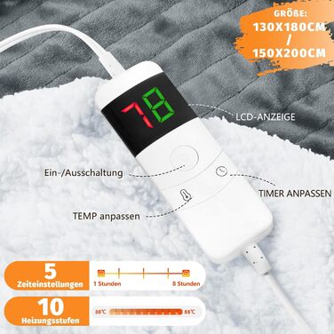 Електрична ковдра BOMOVA з автовимкненням, плюшева ковдра для дому, 10 температурних режимів, таймер, 130x180 см, сірий колір