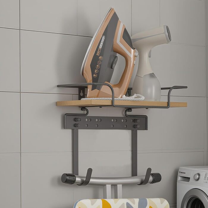 Настінна вішалка для праски та гладильної дошки, органайзер для прасування, дерев'яний підстав, регульовані гачки, для пральні