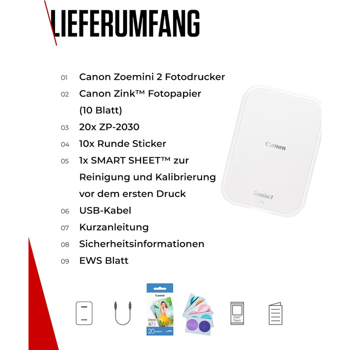Canon Zoemini 2 perlweiß - Міні фотодрук принтер, мобільний, портативний, білий. Комплект для друку (5x7,6 см, для смартфону/планшету, вбудований акумулятор) + 20 ZINK картриджів + 10 круглих наліпок