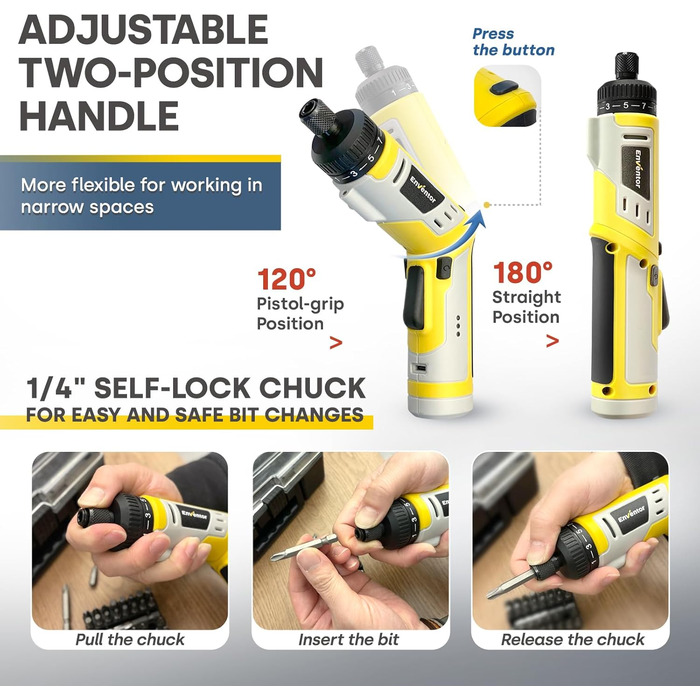 Mini акумуляторний шуруповерт Enventor 6 Nm, 4V, 2000 mAh, LED, USB, 25-ти шт. біт, з LED-підсвічуванням, 3 режими крутного моменту, з біт-подовжувачем, гнучкий вал (модель 95202)