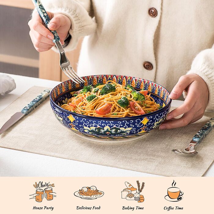 Набір тарілок Henten Home Mylo: 2 тарілки для супу та салатів, 1500 мл, бохо стиль (синьо-помаранчевий)