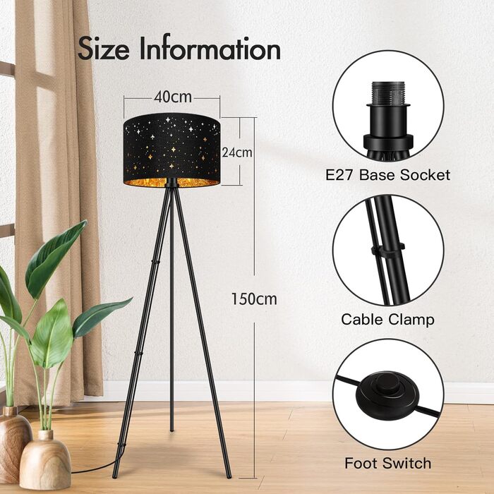 AUQUEE LED-стійка лампа для вітальні, 6W, сучасна тринога з металу, декоративний плафон, вимикач на корпусі, ретро лампа для читання, для вітальні, спальні (зірка+чорний та золото)