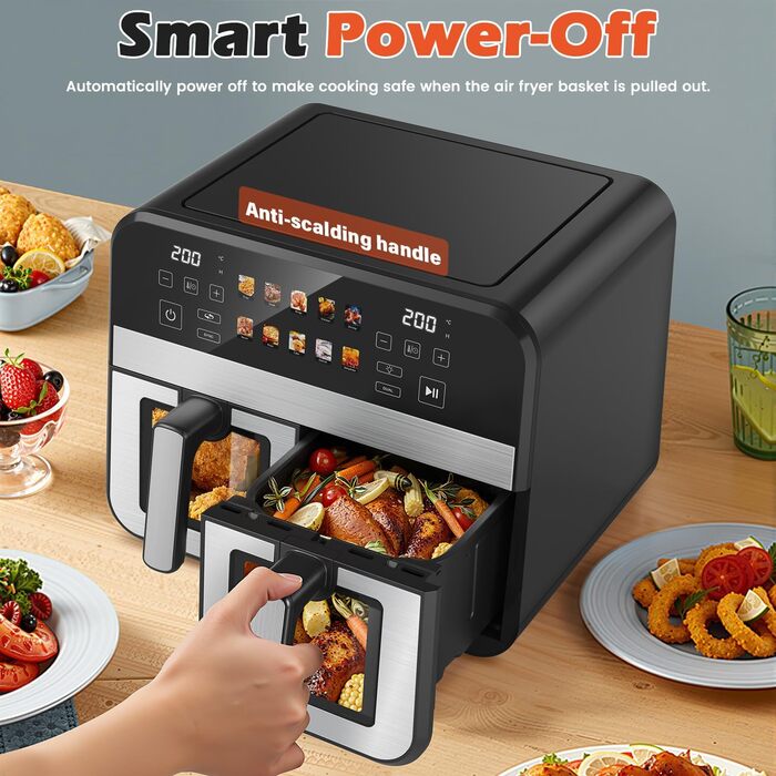 Фритюрниця повітряна KAITOL Dual Zone 10L, 2400W з подвійними зонами, 10 програм, цифровим дисплеєм, антипригарним покриттям, функціями розморожування та випікання, чорного кольору