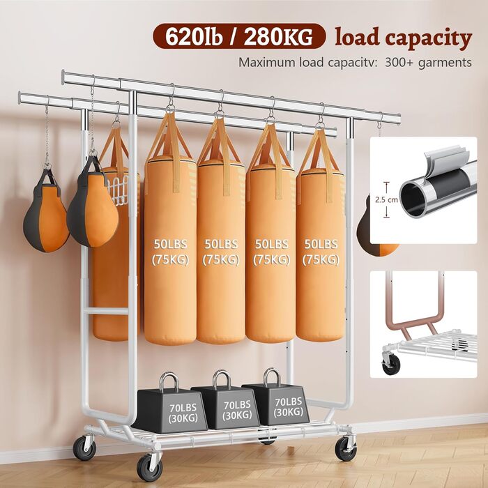 Металевий вішак для одягу на колесах FAVOOOSTY, 2 стійки, до 200 кг, швидка збірка