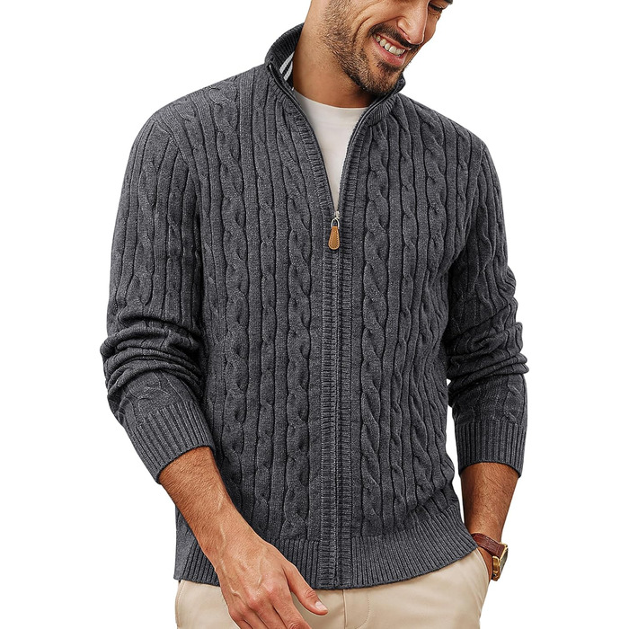 Кардиган чоловічий PJ PAU JONES з блискавкою, стійким коміром та в'язаним візерунком, темно-синій (M, темно-сірий)