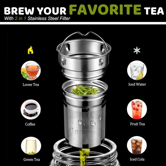Double-walled glass tea bottle, 1 liter with 2-in-1 stainless steel infuser for on-the-go use, 1000ml large volume. Tea bottle 100% leak-proof, 1 l (600ml suitable for office/roadtrip/school/on the go)