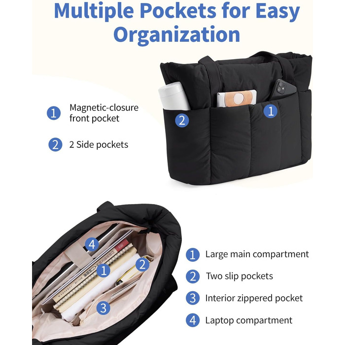 Сумка жіноча Narwey Shopper велика, легка для роботи, школи, університету, сумка-тоут з багатьма відділеннями, чорна