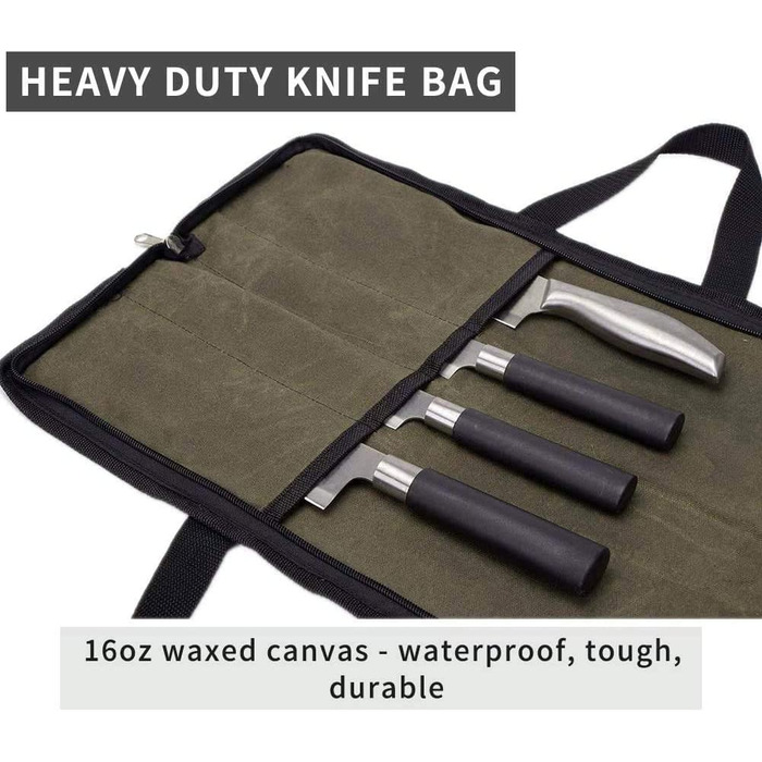 QEES 4-Compartment Knife Storage Case, Knife Pouches for Small Kitchen Knives, Chef's Knife Bag, Kitchen Tool Bag for Kitchen Knife Set (Army Green)