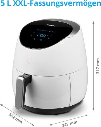 Аерофритюрниця MEDION E30 XL 5 л, 2000 Вт, цифровий дисплей, мінімум олії, контроль температури до 200°C, біла