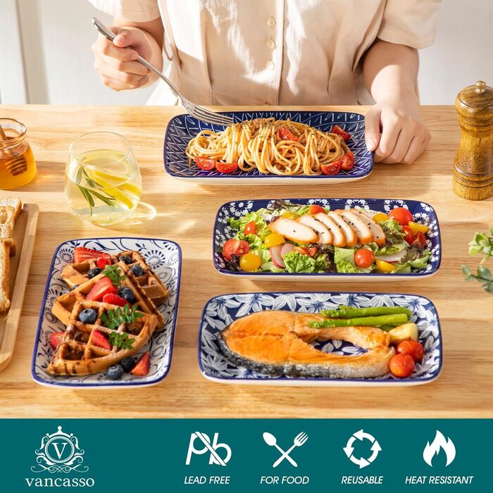 Набір сервірувальних тарілок Vancasso SELENE (6 шт.) - великі, прямокутні, порцелянові, для свят, сніданків, фуршетів, сирної тарілки, мікрохвильова піч та посудомийна машина, блакитно-білі