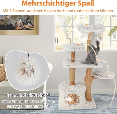 Дерев'яна кігтеточка для котів Costway 87 см з гамаком та джутовими стовпами, білий кігтеточний комплекс з 2 стовпами та печереєю