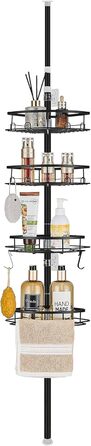 DUFU Shower Shelf Telescopic, No Drilling Required, with 4 Shower Basket, Corner, Non-Slip, Stable Bathroom Shelf Made of Metal, Height Adjustable 85-325cm, Telescopic Shelf, Black