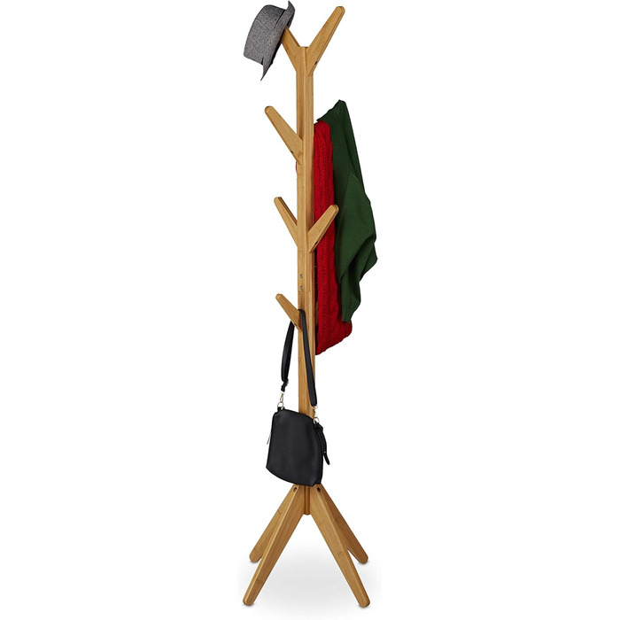 Relaxdays Bamboo Coat Rack, Jacket Stand with 8 Hooks, HBT 181.5 x 53 x 53 cm, Standing Wardrobe in Tree Shape, Natural 10032151