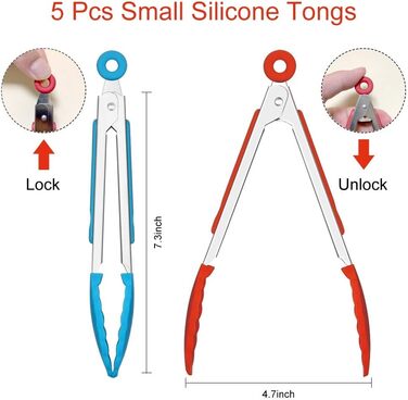 Lecoku Mini Kitchen Tongs Set of 5, small stainless steel tongs with silicone tips, 17.8 cm, serving tongs, cooking tongs for salad, roasting, and grilling