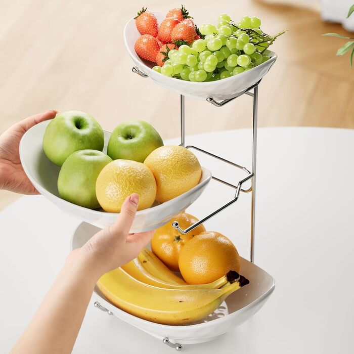Багатоярусна фруктова тарілка Acliys 3 яруси з кераміки для кухні, зберігання фруктів, овочів, снеків, десертів
