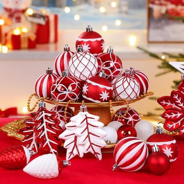 Набір прикрас для ялинки Shareconn: 106 кульок у 24 кольорах, безпечні, для ялинки, святкування, весілля (рубіново-червоний та білий)