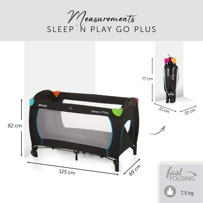hauck Sleep N Play Go Plus Travel Bed with Carry Bag, Wheels, Play Tunnel, Compact Folding, Baby Travel Bed for Toddlers from Birth to 15 kg (Multicolor Black) Multicolor Black Sleep N Play Go Plus