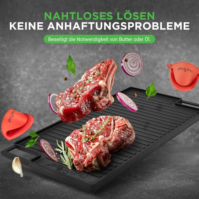 Гриль-плита NutriChef з чавуну 46×25,5 см, двостороння, антипригарна для електро, газових, керамічних плит та BBQ, чорна