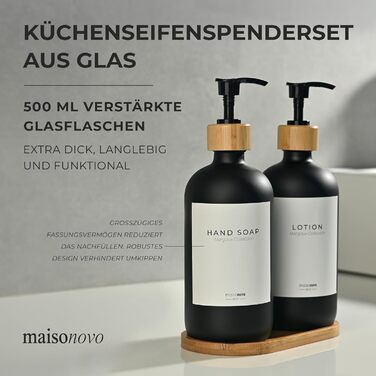 Набір дозаторів для мила та рідкого миючого засобу MaisoNovo: скляні дозатори з бамбуковою помпою, 2 шт. (500 мл)