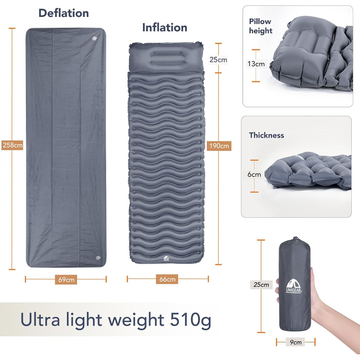 Unigear Camping Sleeping Pad - Small Packed Size, Inflatable Air Mattress for Camping, Sleeping Mat for Outdoor Use, Ultralight, Moisture-Resistant, Waterproof and Non-Slip, MULTI-FUNCTION (Gray with Pillow)