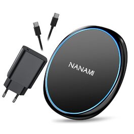 Бездротовий зарядний пристрій NANAMI 20W USB-C PD з адаптером, швидка бездротова зарядка 10W для Samsung Galaxy S25/S24/S23/S22/S21 Ultra Plus, 7.5W для iPhone 17/16/15/14/13/12/11 Pro та Airpods (Чорний)