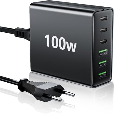 Багатопортовий зарядний пристрій HSSNS USB-C: 100W, 6 портів, швидка зарядка, USB-C та USB-A, для iPad, iPhone та смартфонів, чорний