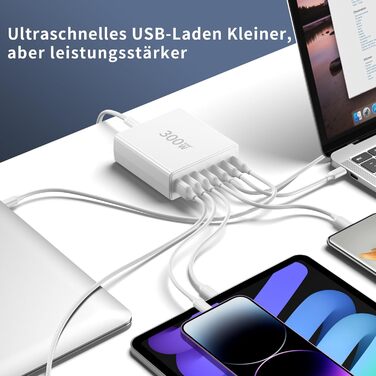 Зарядний пристрій FINIBO USB-C 300W 7 портів: швидка зарядка USB-C/USB-A для MacBook, iPad, Samsung (білий)