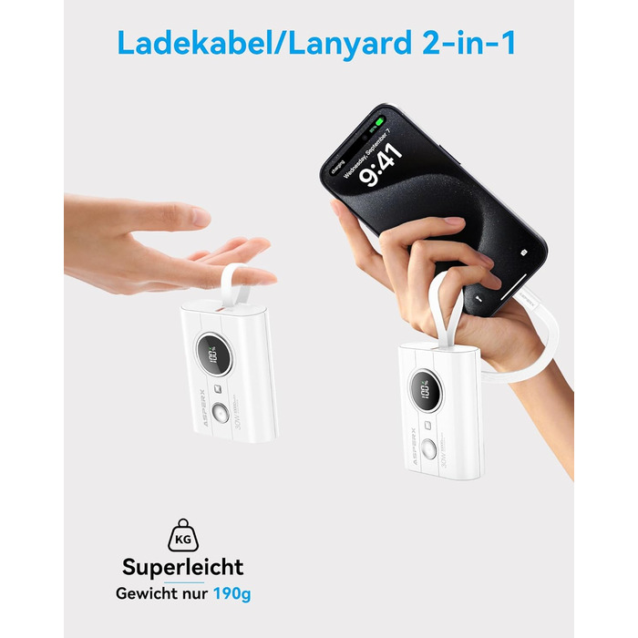 Power Bank AsperX 10000mAh з PD 30W, USB-C, білий. Швидка зарядка для iPhone 15/14, iPad. Компактний акумулятор