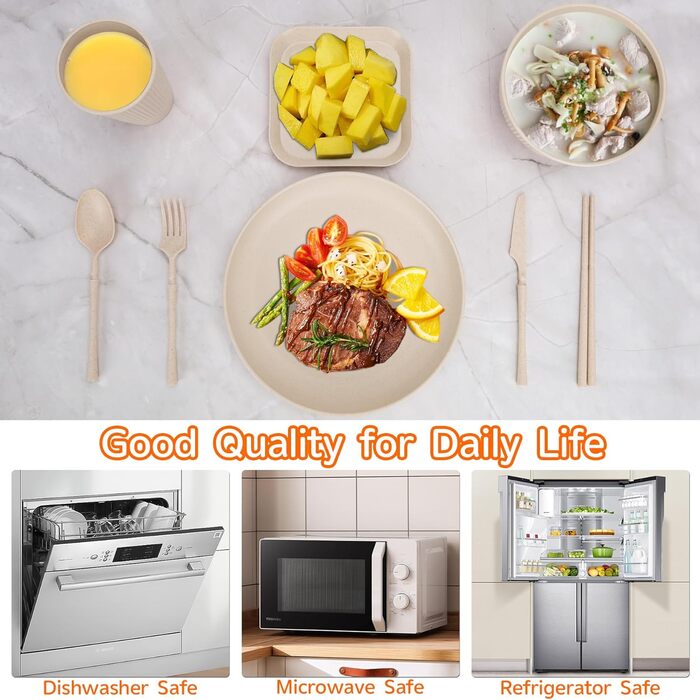 Набір посуду 48 шт. незламний, багаторазовий, пластиковий для кемпінгу, пікніка, барбекю (бежевий)