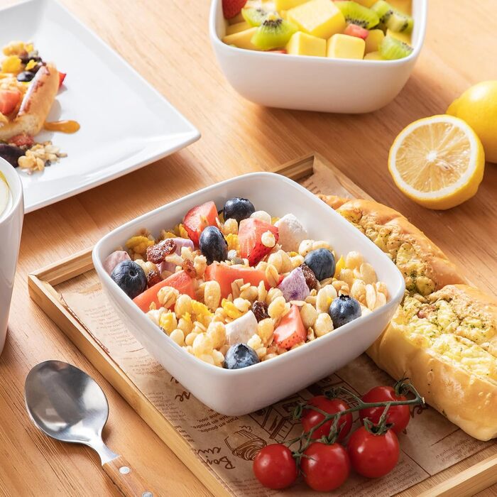 Square Dinnerware Set, Vancasso SOHO Tableware Service for 6 People, 24-Piece Stoneware Dinner Set with Dinner Plates, Dessert Plates, Bowls, and Cups, 24 Piece White