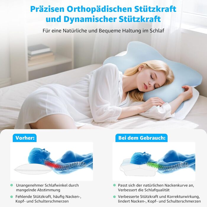 Подушка для шиї BRO з Memory Foam, 60x40x13 см. Ергономічна подушка для сну на боці, спині та животі. 2 чохли, для зняття болю в шиї.