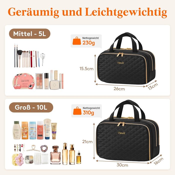 Жіноча дорожня косметичка Lifewit 10L, водовідштовхувана, з відділенням для мокрого, органайзер для макіяжу та аксесуарів, чорна