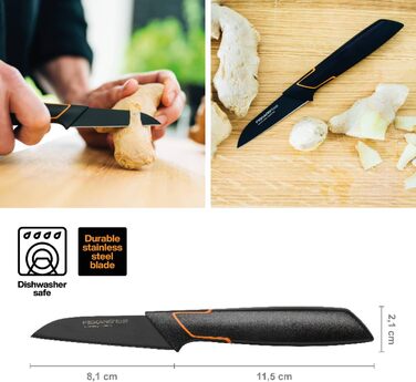 Ніж для чищення овочів Fiskars Design Edge 8 см, березове дерево, чорний 1003099