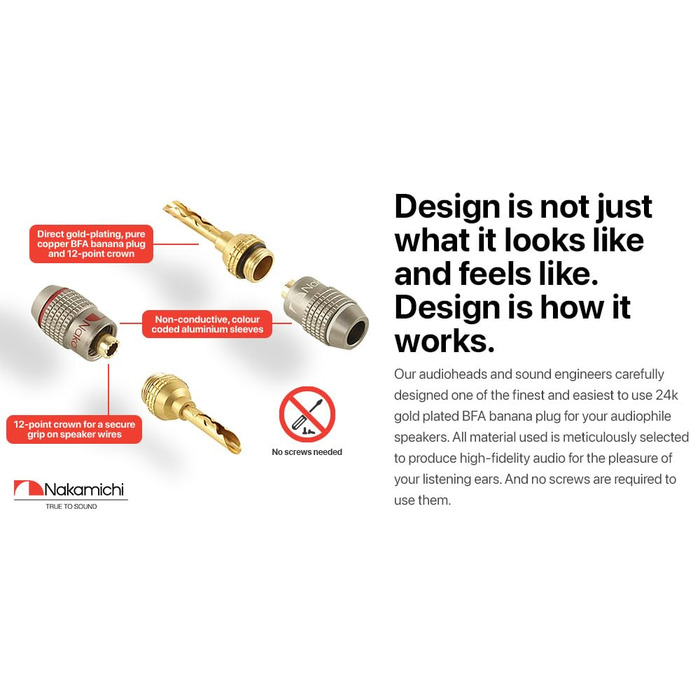 Бананові роз'єми Nakamichi FanLock Excel-Serie, 24K позолочені BFA коннектори для акустичних кабелів 10-18 AWG, 4 мм, для Hi-Fi стерео та домашнього кінотеатру, 4 шт (2 пари)