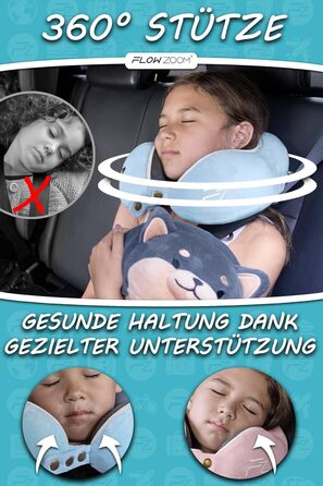 FLOWZOOM Neck Pillow for Children 6 Years and Up - Travel Pillow for Kids Airplane & Car Pillow for Children - Neck Support for Kids Made of Memory Foam with Extra Soft & Washable Cover, Comfy Kids Blue - Size M