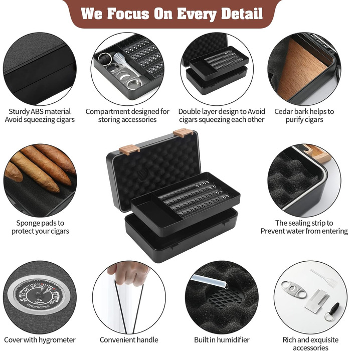 Зберігання сигар: Humidor з іспанської кедру з аксесуарами, гігрометром та вологостійким корпусом, чорний