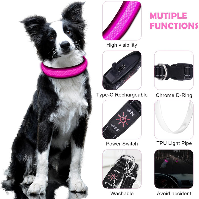 Світловідбиваючий нашийник для собак AUAUY LED, USB-зарядка, водонепроникний, регульований, безпечний, 6 кольорів, розмір S (11.8-15.7'/30-40 см)