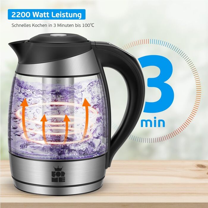 Електричний чайник FOR ME Glas з ситом, 1.8L, регулювання температури 40-100°C, 7 кольорів LED, підтримання тепла, без BPA
