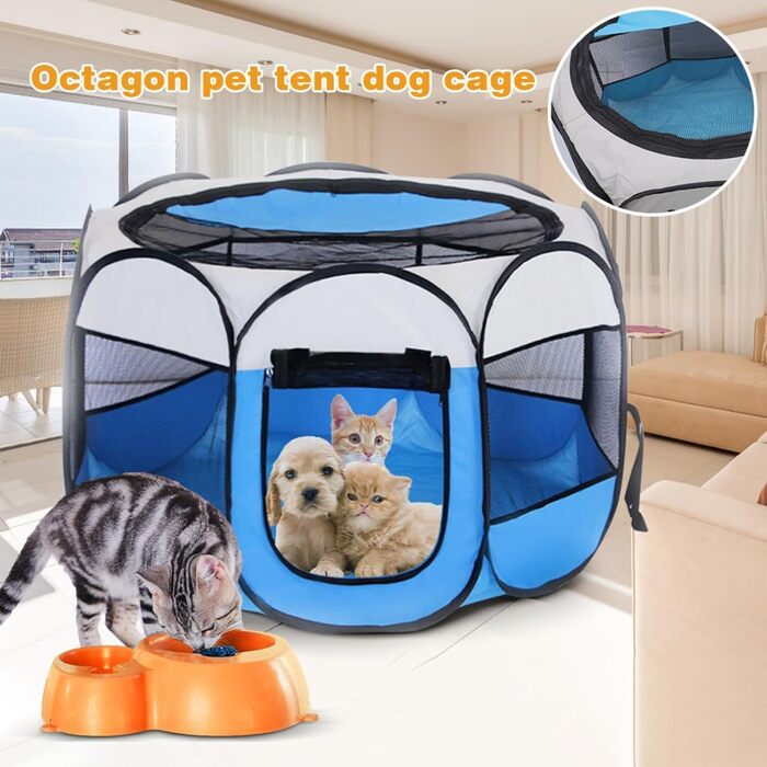 Складаний вольєр для цуценят та тварин, вольєр для собак, 74x74x43 см, вольєр для котів, кроликів та дрібних тварин (блакитний)