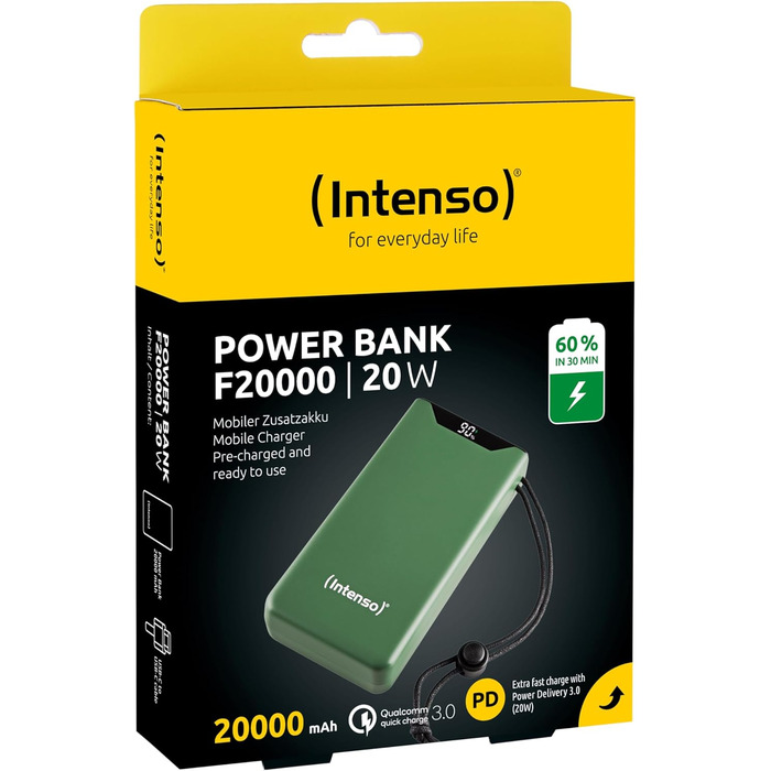 Power Bank Intenso F10000: 10000mAh, USB-C, USB-A, 20W PD, 18W QC, Жовтий