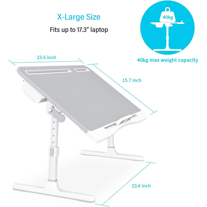 Столик для ноутбука KLEAR на ліжко, регульований, складний, XL, сірий (з сумкою 23.6'x15.7')
