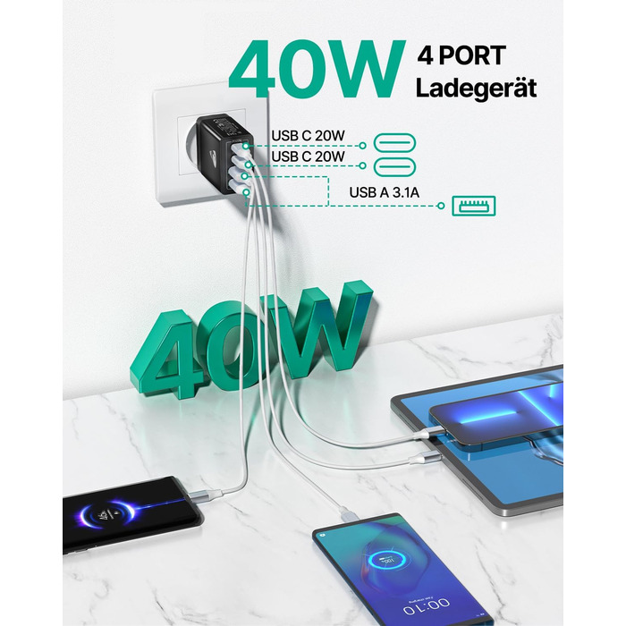 Зарядний пристрій Aioneus USB-C 40W, 4 порти PD 3.0 + QC USB-A, швидка зарядка для iPhone 15 Pro Max, Samsung та інших смартфонів - Чорний
