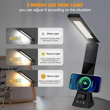 LED лампа настільна AMFUN з USB, регулюванням яскравості, захистом для очей, годинником та торканням, 3 кольори, нічник для читання, офіс